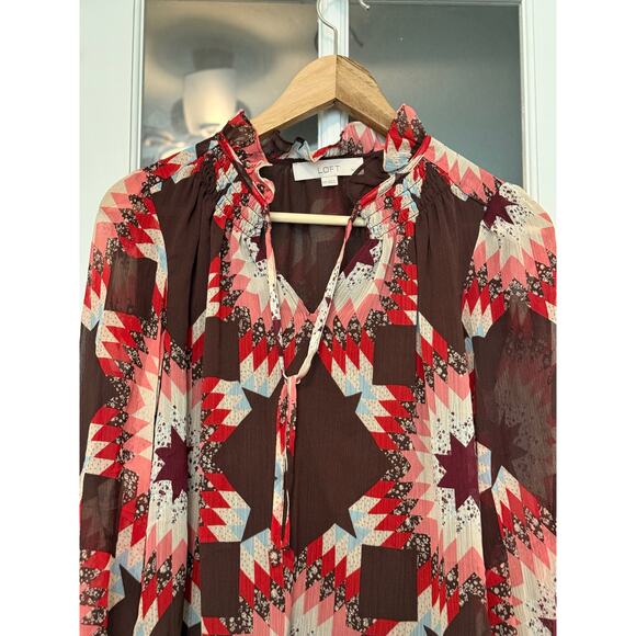 LOFT patchwork Ruffle Tie Neck long sleeve flowy Blouse XSP petite - Picture 3 of 13